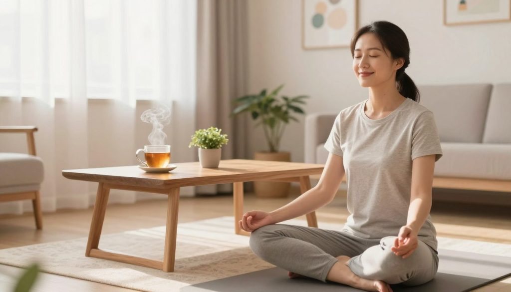 A serene morning scene depicting a calm home environment designed for mindfulness practices. In the foreground, a professional woman in modest casual clothing sits cross-legged on a soft yoga mat, eyes closed in meditation, with a warm smile. In the middle ground, a stylish wooden table holds a steaming cup of herbal tea and a small potted plant, creating a sense of tranquility. The background features soft, diffused sunlight filtering through sheer curtains, illuminating pale pastel walls adorned with soothing artwork. The atmosphere is peaceful and inviting, evoking a sense of relaxation and mental clarity. The perspective is slightly elevated, capturing the harmony of the space while emphasizing the woman's serene expression.