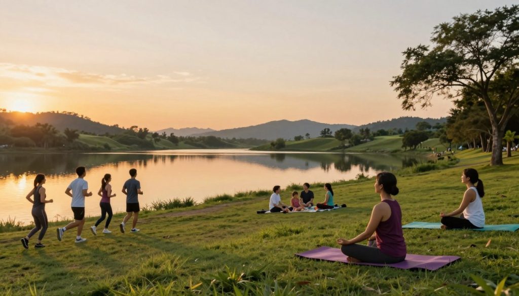 A serene outdoor scene depicting various activities that promote mental health. In the foreground, a diverse group of individuals engaging in uplifting activities such as jogging, practicing yoga, and meditating on a grassy hill. In the middle ground, a tranquil lake reflects the vibrant colors of a sunset, with families picnicking and friends laughing together. The background features gently rolling hills and a few trees swaying softly in the breeze. The light is warm and golden, suggesting late afternoon, casting soft shadows. The atmosphere is peaceful and uplifting, capturing the essence of natural beauty and active well-being. The image should have a wide-angle perspective to encompass the entirety of this harmonious scene.