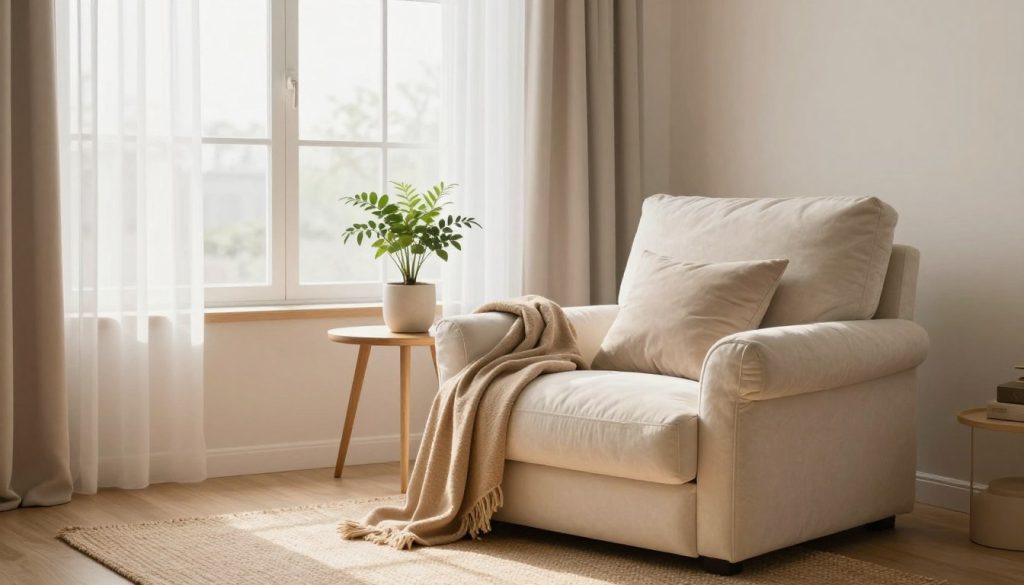 A tranquil home environment designed to evoke calmness and reduce anxiety. In the foreground, a cozy reading nook with a soft, oversized armchair surrounded by plush cushions, a warm throw blanket draped over the side. The middle ground features a large window with sheer curtains, allowing soft, natural light to flood the room, illuminating a small indoor plant on a wooden side table. In the background, light pastel colors adorn the walls, and minimalist decor creates a serene atmosphere. Subtle textures from a woven rug enhance the warmth of the space. The overall mood is peaceful and inviting, with a focus on comfort and relaxation, captured using soft, diffused lighting to create a soothing ambiance.